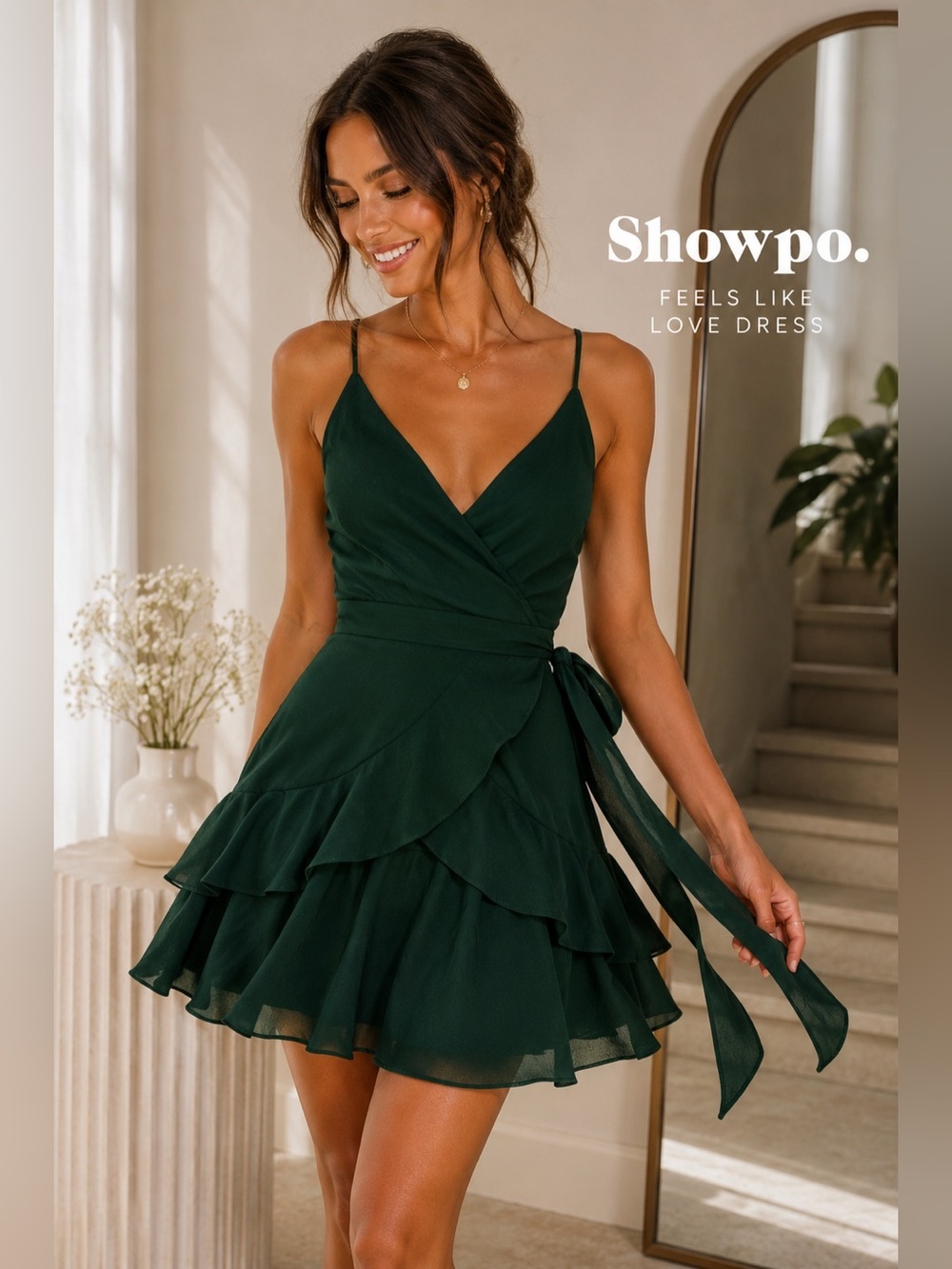 Showpo Feels Like Love Mini Dress Forest Green Wrap Ruffle Tie Back NWT Size 2